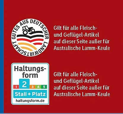 Gilt für alle Fleisch- und Geflügel-Artikel auf dieser Seite außer für Australische Lamm-Keule