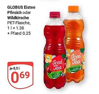 GLOBUS Eistee Pfirsich oder Wildkirsche PET-Flasche, 1 l = 1.38 + Pfand 0.25