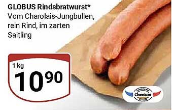 GLOBUS Rindsbratwurst* Vom Charolais-Jungbullen, rein Rind, im zarten Saitling