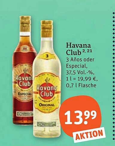 Havana Club 3 Años oder Especial, 37,5 Vol.-%, 1 l = 19,99 €, 0,7 l Flasche