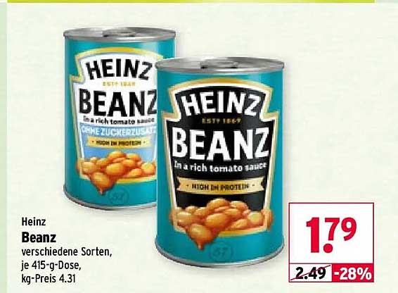 Heinz Beanz verschiedene Sorten, je 415-g-Dose, kg-Preis 4.31