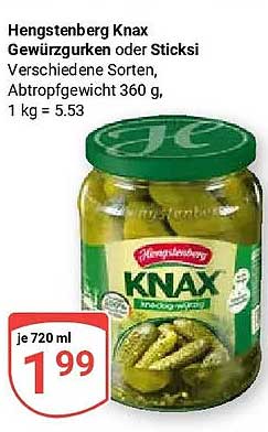 Hengstenberg Knax Gewürzgurken oder Sticksi Verschiedene Sorten, Abtropfgewicht 360 g, 1 kg = 5.53