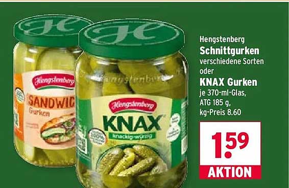 Hengstenberg Schnittgurken verschiedene Sorten oder KNAX Gurken je 370-ml-Glas, ATG 185 g, kg-Preis 8.60