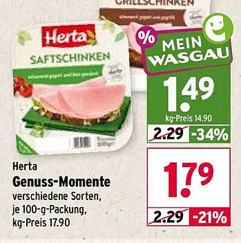 Herta Genuss-Momente verschiedene Sorten, je 100-g-Packung, kg-Preis 17.90