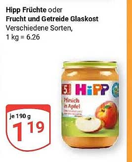 Hipp Früchte oder Frucht und Getreide Glaskost Verschiedene Sorten, 1 kg = 6.26