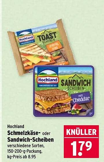 Hochland Schmelzkäse- oder Sandwich-Scheiben verschiedene Sorten, 150-200-g-Packung, kg-Preis ab 8.95