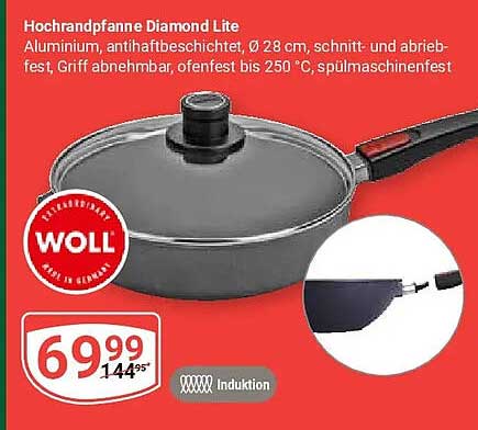 Hochrandpfanne Diamond Lite Aluminium, antihaftbeschichtet, Ø 28 cm, schnitt- und abriebfest, Griff abnehmbar, ofenfest bis 250 °C, spülmaschinenfest
