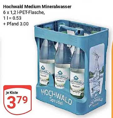 Hochwald Medium Mineralwasser 6 x 1,2 l-PET-Flasche, 1 l = 0,53 + Pfand 3.00