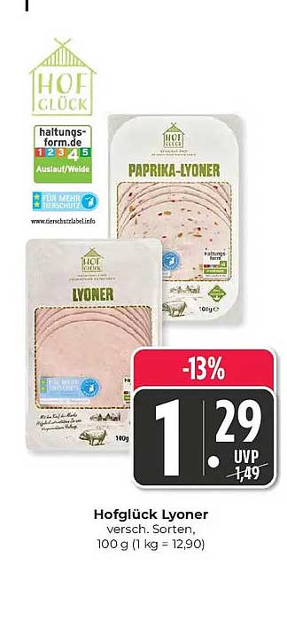 Hofglück Lyoner versch. Sorten, 100 g (1 kg = 12,90)