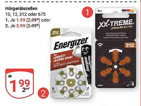 Hörgerätezellen 10, 13, 312 oder 675