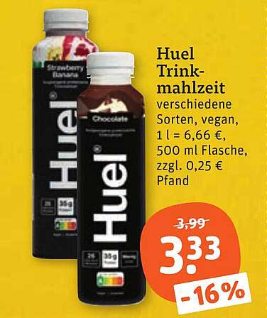 Huel Trink-mahlzeit verschiedene Sorten, vegan, 1 l = 6,66 €, 500 ml Flasche, zzgl. 0,25 € Pfand