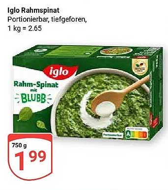 Iglo Rahmspinat Portionierbar, tiefgefroren, 1 kg = 2,65