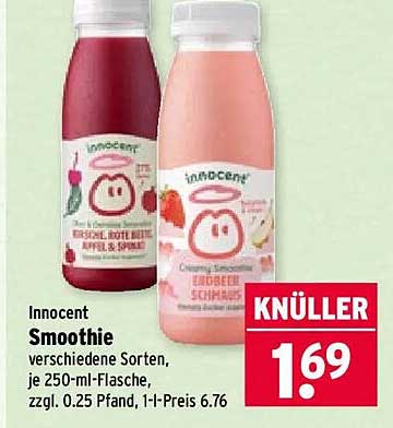 Innocent Smoothie verschiedene Sorten, je 250-ml-Flasche, zzgl. 0.25 Pfand, 1 l-Preis 6.76