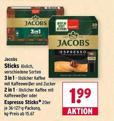 Jacobs Sticks lösllich, verschiedene Sorten 3in1 - löslicher Kaffee mit Kaffeweißer und Zucker 2 in 1 - löslicher Kaffee mit Kaffeweißer oder Espresso Sticks* 20er je 36-127-g-Packung, kg-Preis ab 15.67
