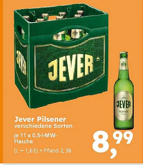 Jever Pilsener verschiedene Sorten je 11 x 0,5-l-MW-Flasche (L = 1,63) + Pfand 2,38