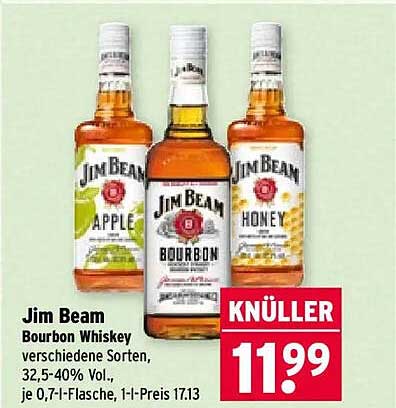 Jim Beam Bourbon Whiskey verschiedene Sorten, 32,5-40% Vol., je 0,7l-Flasche, 1-l-Preis 17.13