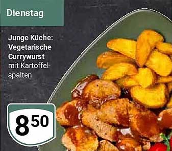 Junge Küche: Vegetarische Currywurst mit Kartoffelspalten