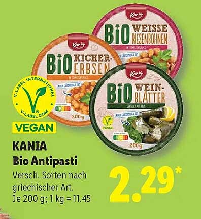 KANIA Bio Antipasti Versch. Sorten nach griechischer Art. Je 200 g; 1 kg = 11.45