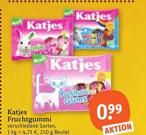 Katjes Fruchtgummi verschiedene Sorten, 1 kg = 4,71 €, 210 g Beutel