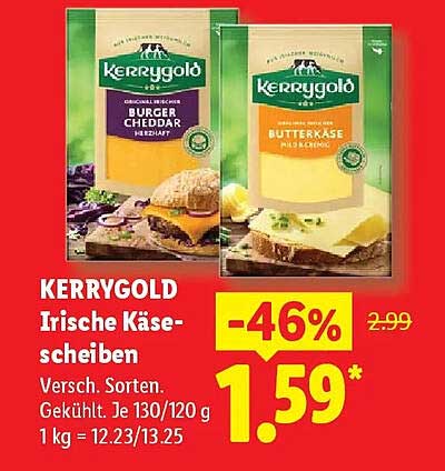 KERRYGOLD Irische Käsescheiben Versch. Sorten. Gekühlt. Je 130/120 g 1 kg = 12.23/13.25