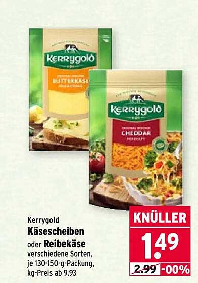 Kerrygold Käsescheiben oder Reibekäse verschiedene Sorten, je 130-150-g-Packung, kg-Preis ab 9,93