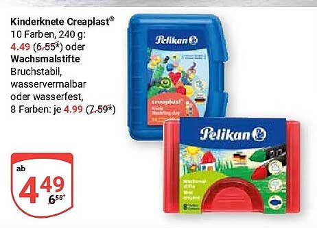 Kinderknete Creaplast® 10 Farben, 240 g; oder Wachsmalstifte Bruchstabil, wassermalbar oder wasserfest, 8 Farben