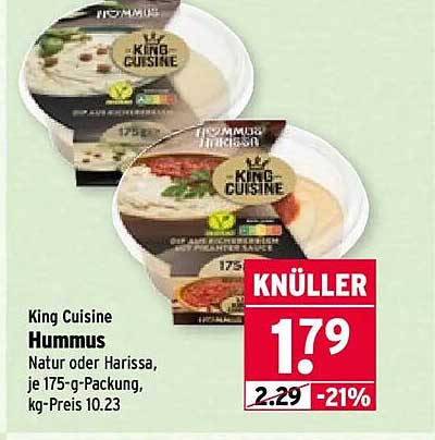 King Cuisine Hummus Natur oder Harissa, je 175-g-Packung, kg-Preis 10.23