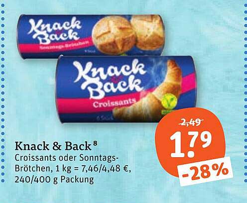 Knack & Back Croissants oder Sonntagsbrötchen, 1 kg = 7,46/4,48 €, 240/400 g Packung