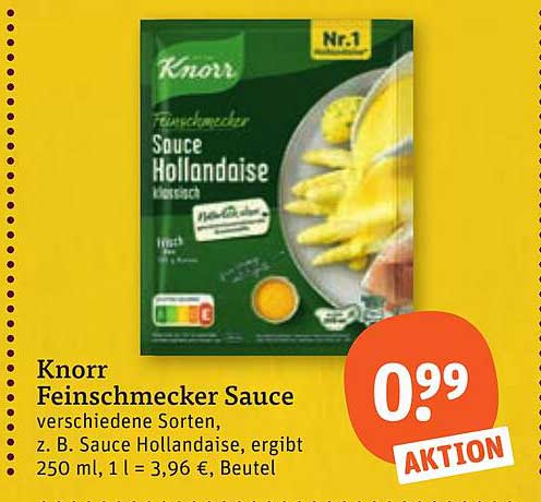 Knorr Feinschmecker Sauce verschiedene Sorten, z. B. Sauce Hollandaise, ergibt 250 ml, 1 l = 3,96 €, Beutel