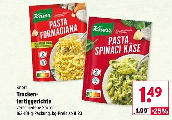 Knorr Trocken-fertiggerichte verschiedene Sorten, 162-181-g-Packung, kg-Preis ab 8.23