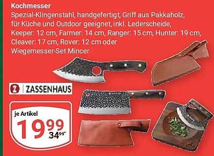 Kochmesser Spezial-Klingenstahl, handgefertigt, Griff aus Pakkaholz, für Küche und Outdoor geeignet, inkl. Lederscheide, Keeper: 12 cm, Farmer: 14 cm, Ranger: 15 cm, Hunter: 19 cm, Cleaver: 17 cm, Raver: 12 cm oder Wiegemesser-Set Mincer