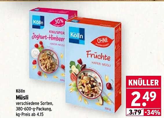 Kölln Müsli verschiedene Sorten, 380-600-g-Packung, kg-Preis ab 4.15