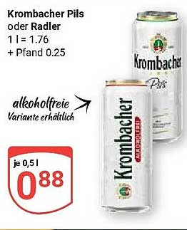 Krombacher Pils oder Radler 1 l = 1.76 + Pfand 0.25 alkoholfreie Variante erhältlich