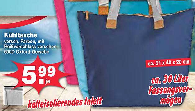 Kühltasche versch. Farben, mit Reißverschluss versehen, 600D Oxford-Gewebe