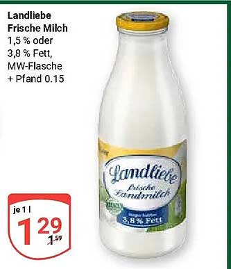 Landliebe Frische Milch 1,5 % oder 3,8 % Fett, MW-Flasche + Pfand 0.15
