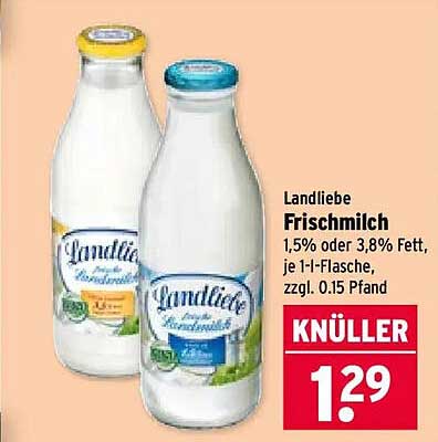 Landliebe Frischmilch 1,5% oder 3,8% Fett, je 1 l-Flasche, zzgl. 0,15 Pfand