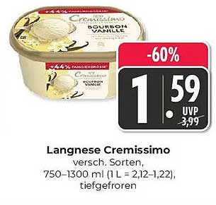 Langnese Cremissimo versch. Sorten, 750–1300 ml (1 l = 2,12–1,22), tiefgefroren