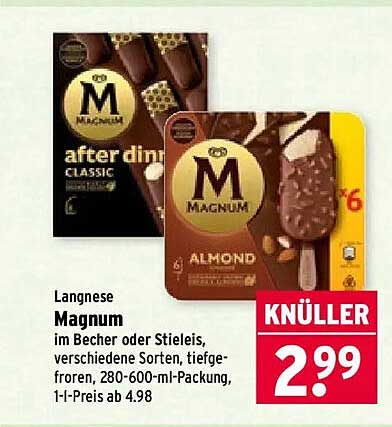 Langnese Magnum im Becher oder Stieleis, verschiedene Sorten, tiefgefroren, 280-600-ml-Packung, 1-l-Packung