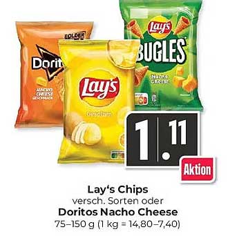 Lay's Chips versch. Sorten oder Doritos Nacho Cheese 75–150 g (1 kg = 14,80–7,40)