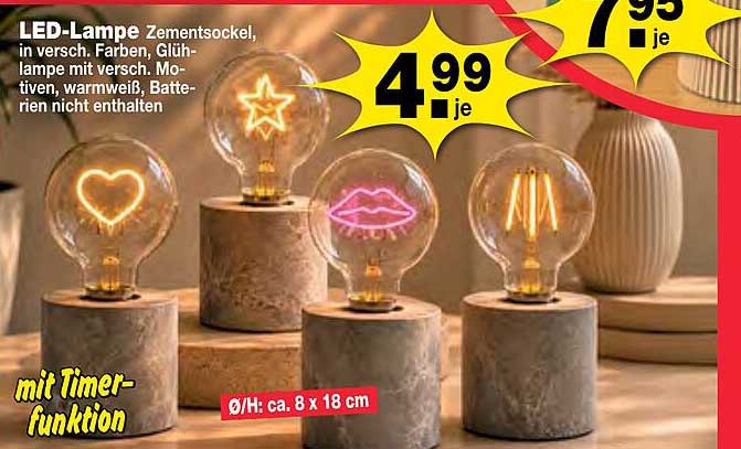 LED-Lampe Zementsockel, in versch. Farben, Glühlampe mit verschieden. Motiven, warmweiß, Batterien nicht enthalten