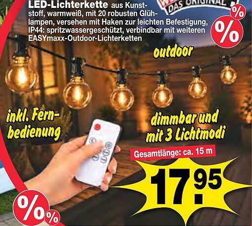 LED-Lichterkette aus Kunststoff, warmweiß, mit 20 robusten Glühlampen, versehen mit Haken zur leichten Befestigung, IP44: spritzwassergeschützt, verbindbar mit weiteren EASYmaxx-Outdoor-Lichterketten