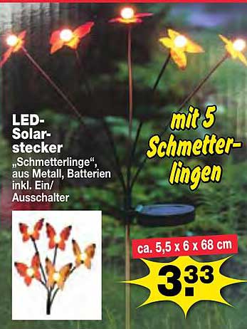 LED-Solarstecker „Schmetterlinge“, aus Metall, Batterien inkl. Ein/Ausschalter mit 5 Schmetterlingen