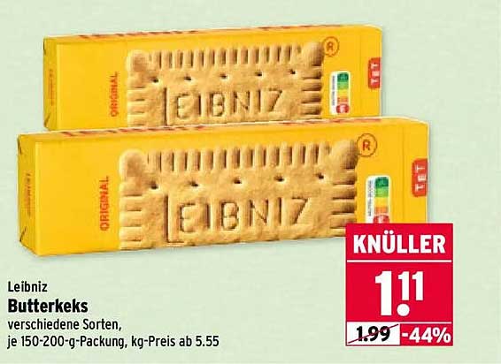 Leibniz Butterkeks verschiedene Sorten, je 150-200-g-Packung, kg-Preis ab 5.55