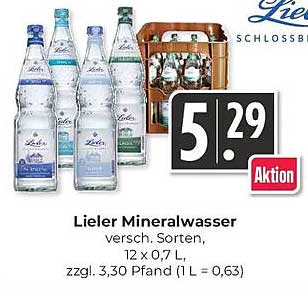 Lieler Mineralwasser versh. Sorten, 12 x 0,7 L, zzgl. 3,30 Pfand (1 L = 0,63)