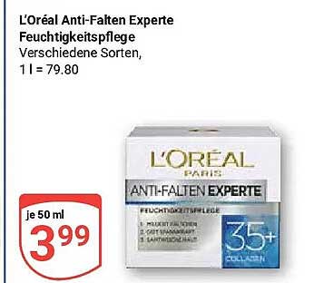 L'Oréal Anti-Falten Experte Feuchtigkeitspflege Verschiedene Sorten, 1 l = 79.80
