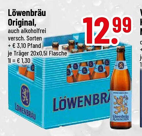 Löwenbräu Original, auch alkoholfrei versch. Sorten + € 3,10 Pfand je Träger 20x0,5l Flasche 1l = € 1,30