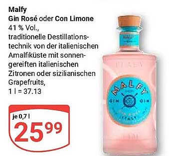 Malfy Gin Rosé oder Con Limone 41 % Vol., traditionelle Destillations-technik von der italienischen Amalfiküste mit sonnengereiften italienischen Zitronen oder sizilianischen Grapefruits, 1 l = 37.13