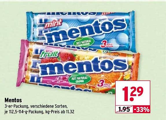 Mentos 3-er-Packung, verschiedene Sorten, je 112,5-114-g-Packung, kg-Preis ab 11.32