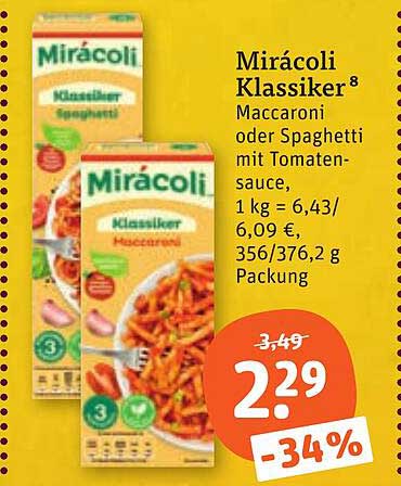 Mirácoli Klassiker Maccaroni oder Spaghetti mit Tomaten-sauce, 1 kg = 6,43/6,09 €, 356/376,2 g Packung