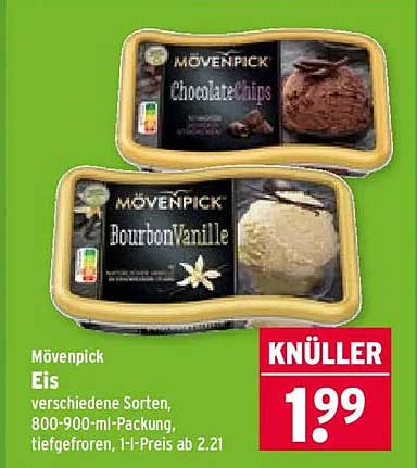 Mövenpick Eis verschiedene Sorten, 800-900-ml-Packung, tiefgefroren, 1 l-Preis ab 2,21